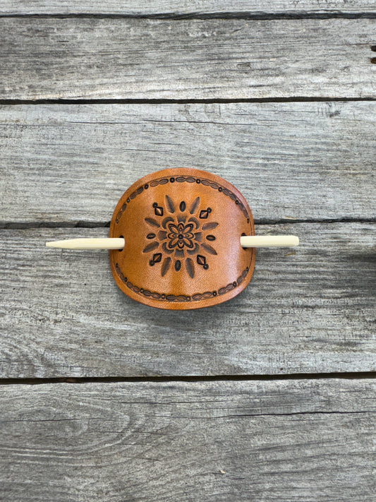 Hand stamped geometric feather leather hair barrette with bamboo hair stick.