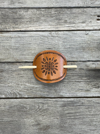 Hand stamped geometric feather leather hair barrette with bamboo hair stick.