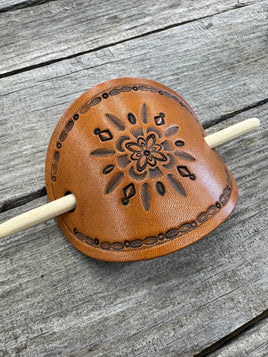Hand stamped geometric feather leather hair barrette with bamboo hair stick.