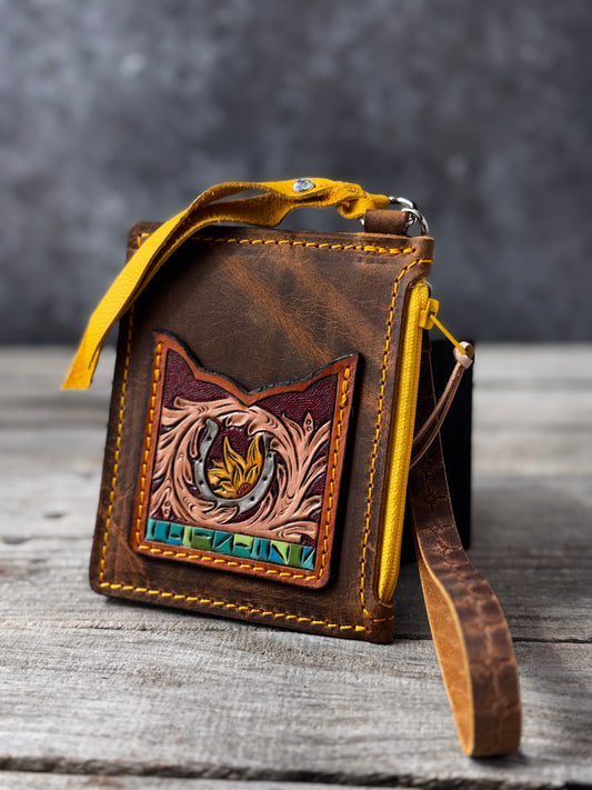 Western Horseshoe Leather Zippered Card Wallet Wristlet – Hand Tooled Floral