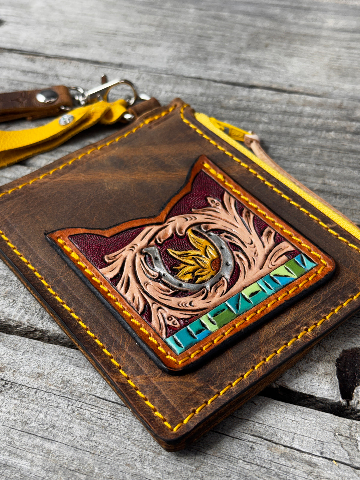 Western Horseshoe Leather Zippered Card Wallet Wristlet – Hand Tooled Floral