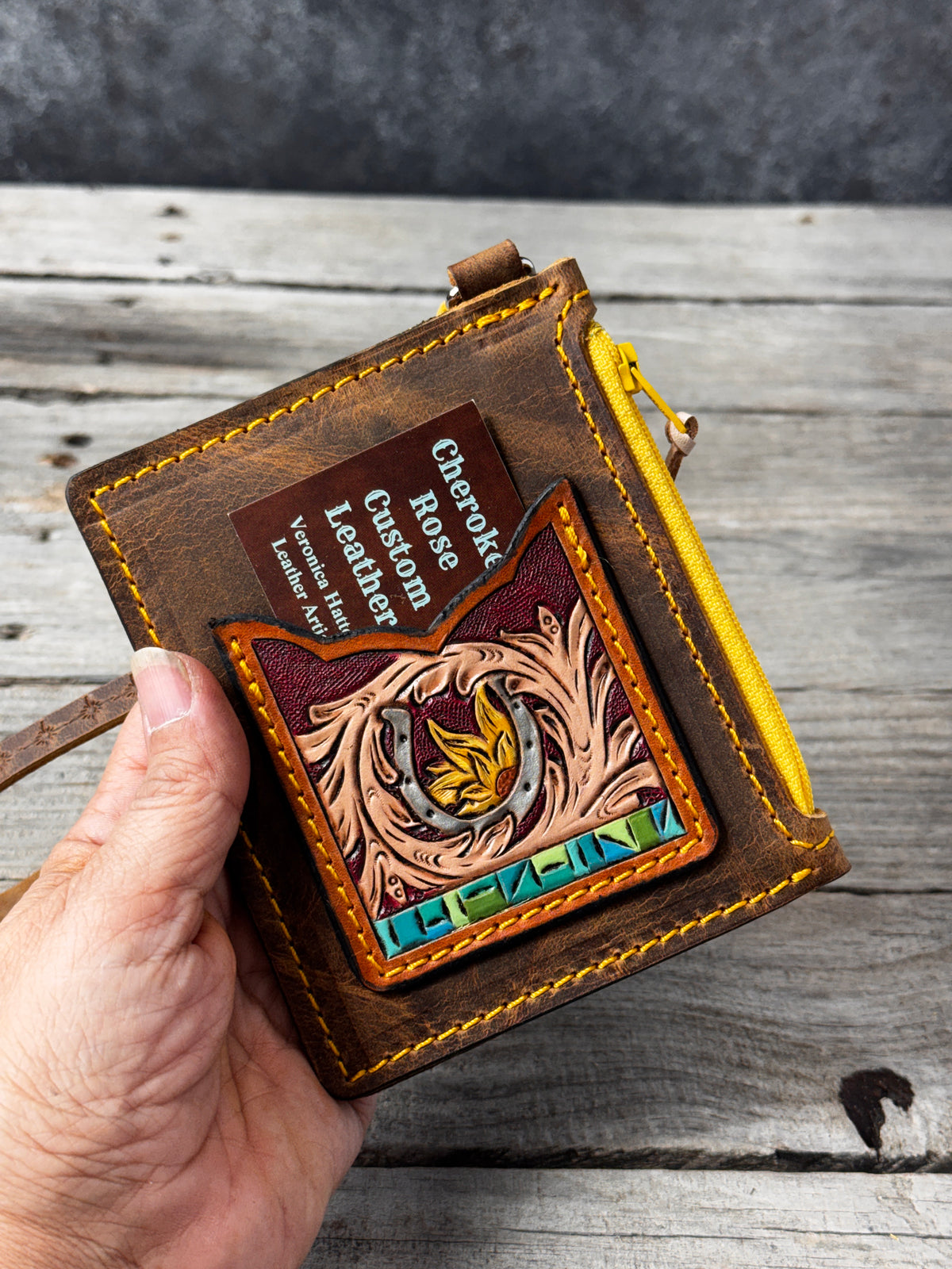 Western Horseshoe Leather Zippered Card Wallet Wristlet – Hand Tooled Floral