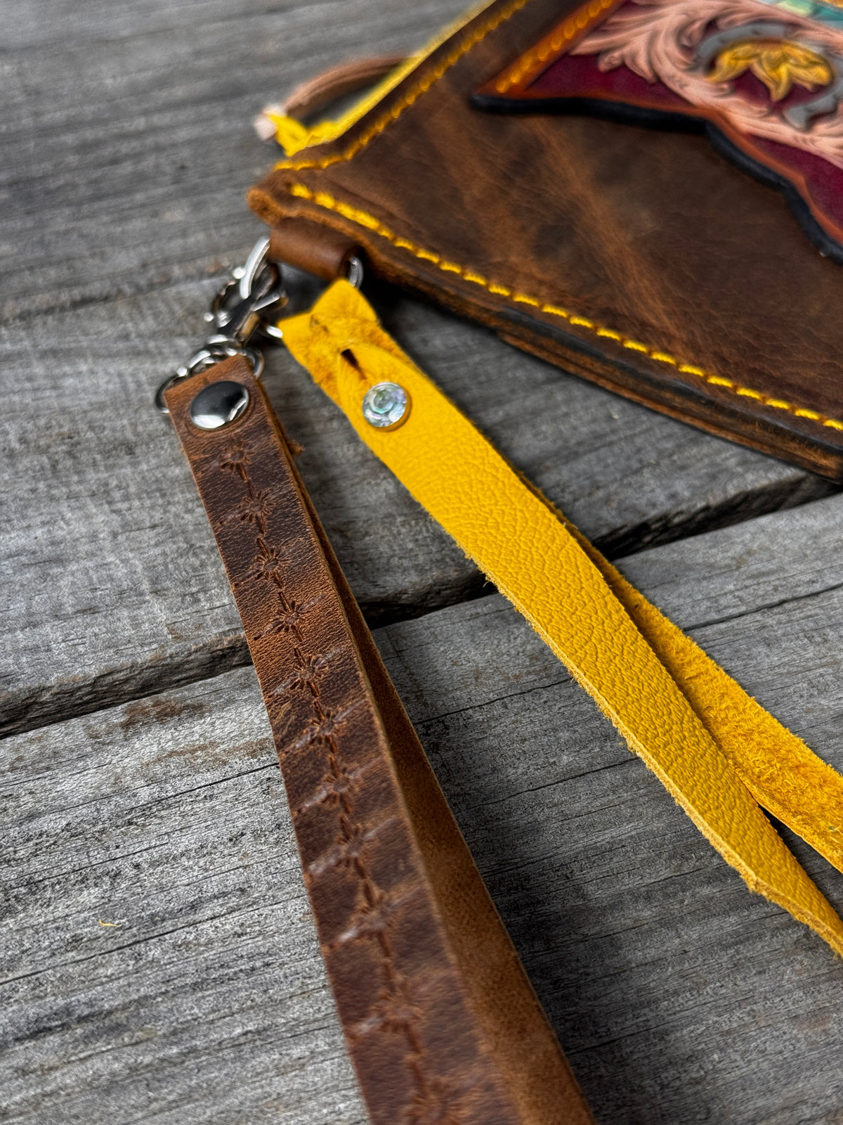 Western Horseshoe Leather Zippered Card Wallet Wristlet – Hand Tooled Floral