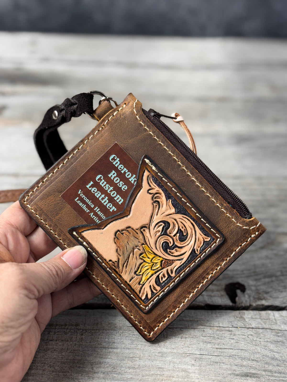 Mountain Sunflower Leather Zippered Card Wallet Wristlet – Hand Tooled Western