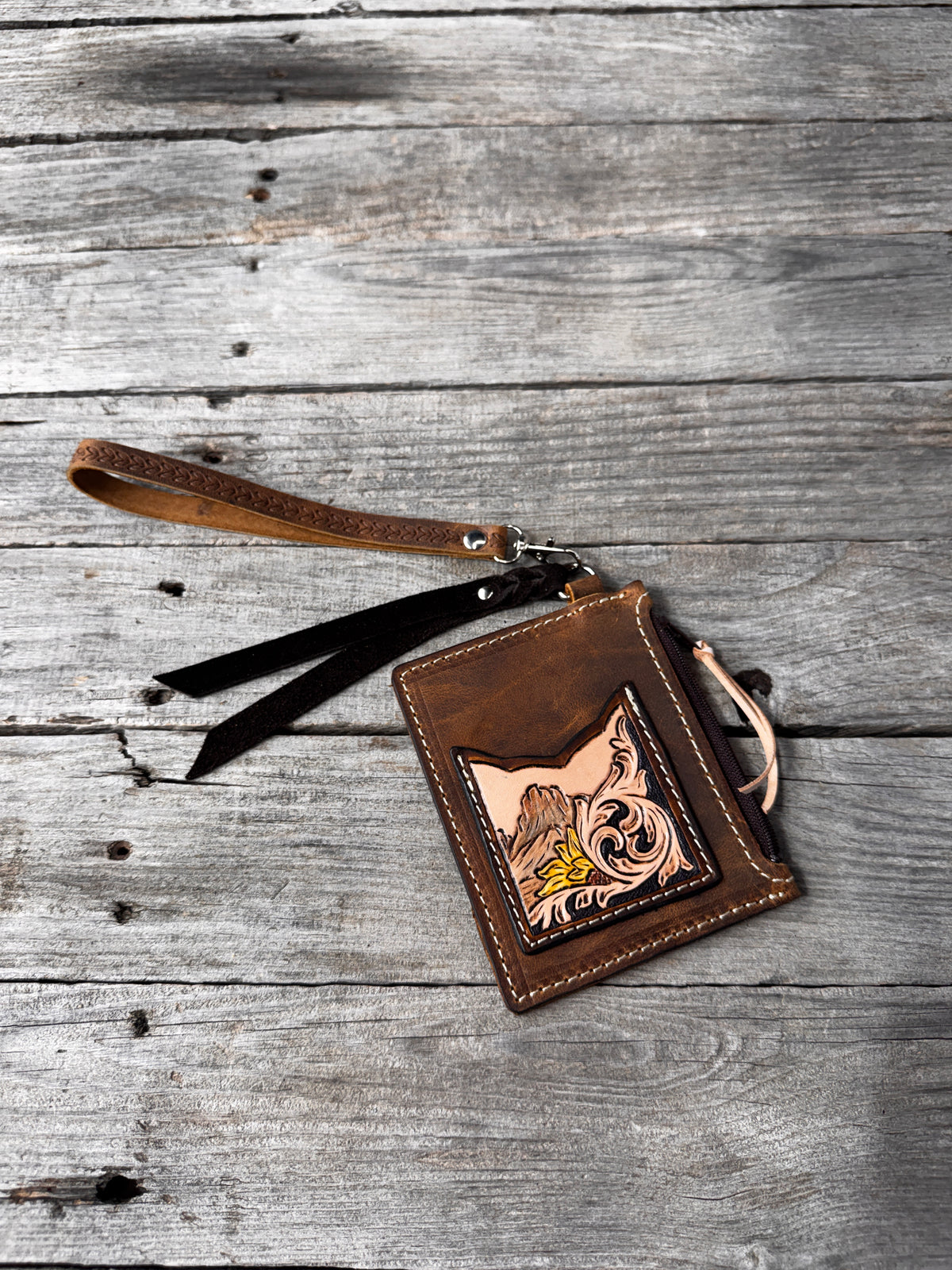Mountain Sunflower Leather Zippered Card Wallet Wristlet – Hand Tooled Western