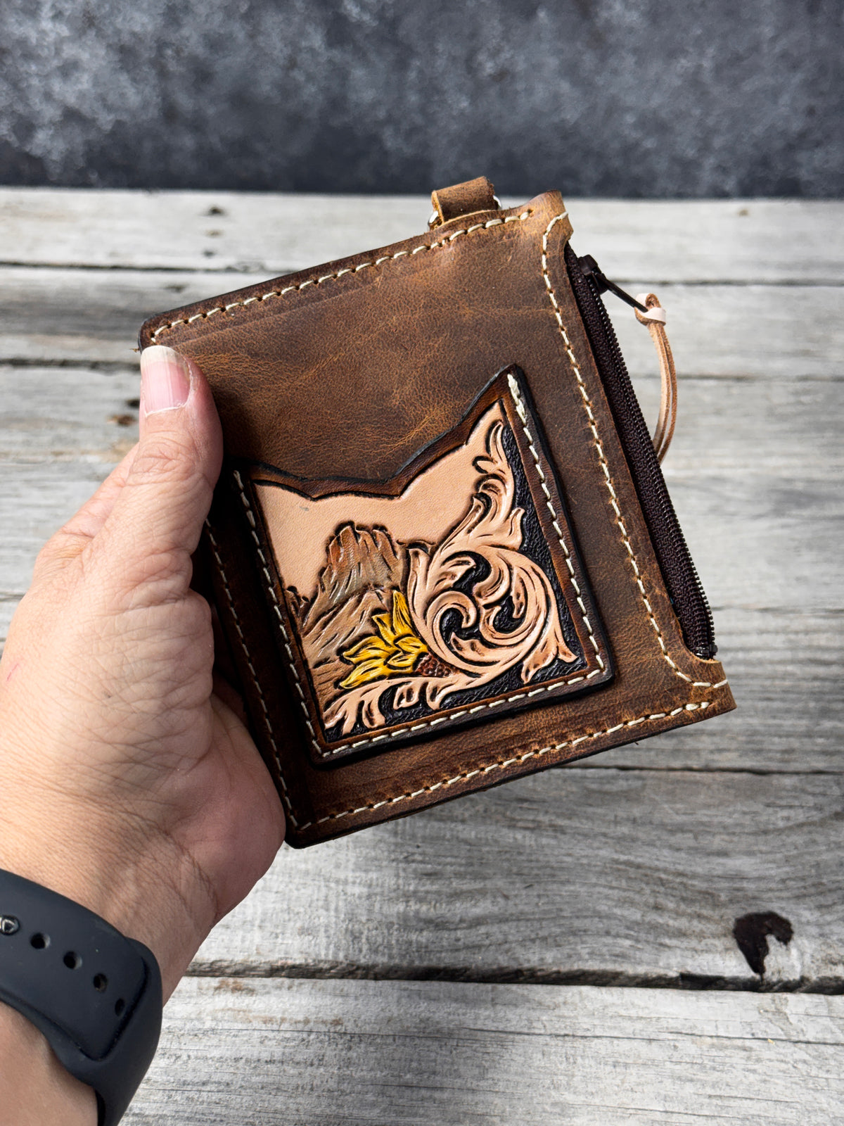 Mountain Sunflower Leather Zippered Card Wallet Wristlet – Hand Tooled Western