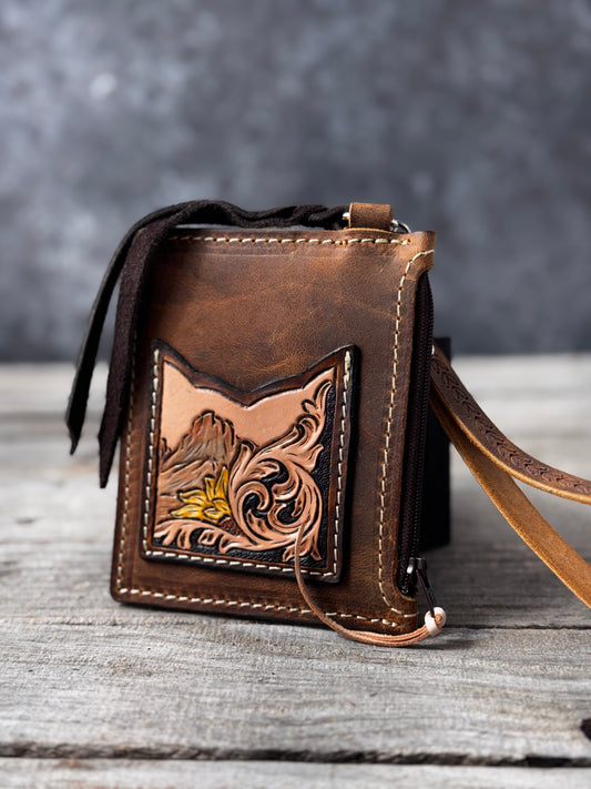 Mountain Sunflower Leather Zippered Card Wallet Wristlet – Hand Tooled Western
