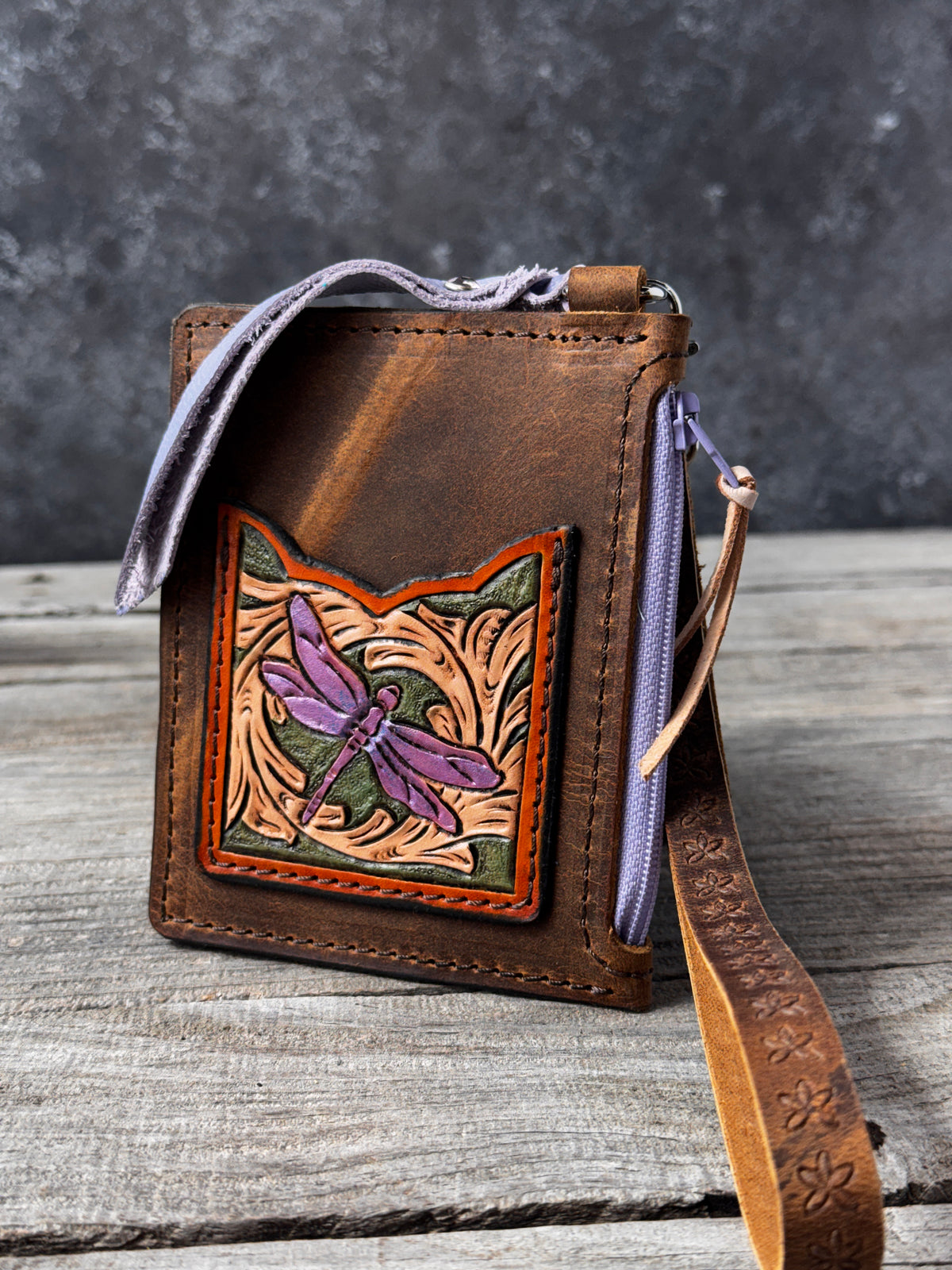 Purple Dragonfly Leather Zippered Card Wallet Wristlet – Hand Tooled Floral