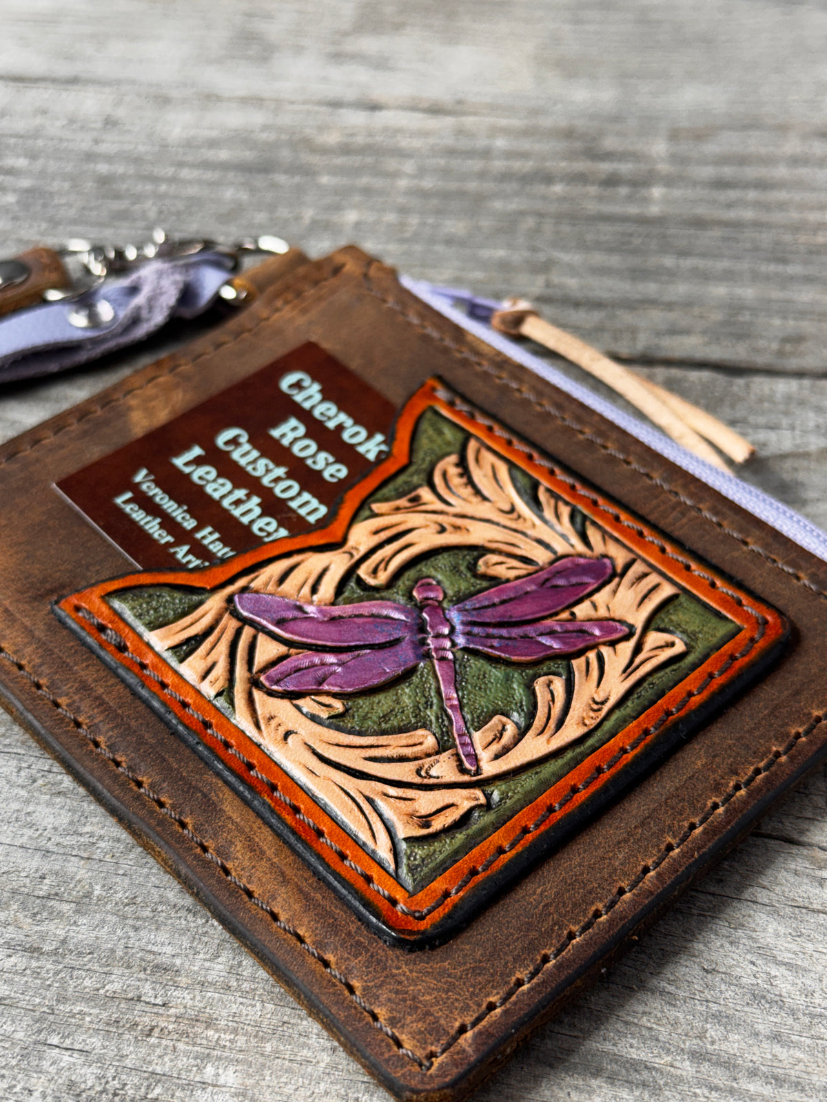 Purple Dragonfly Leather Zippered Card Wallet Wristlet – Hand Tooled Floral