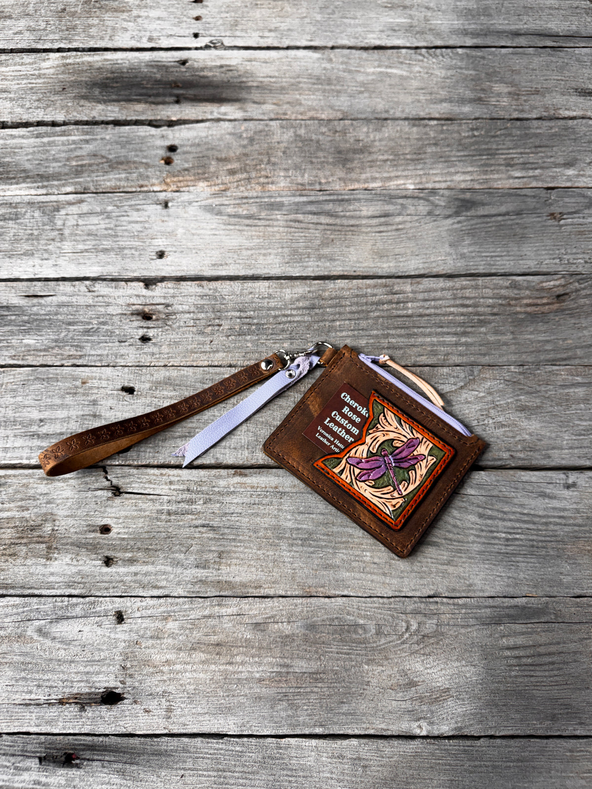 Purple Dragonfly Leather Zippered Card Wallet Wristlet – Hand Tooled Floral