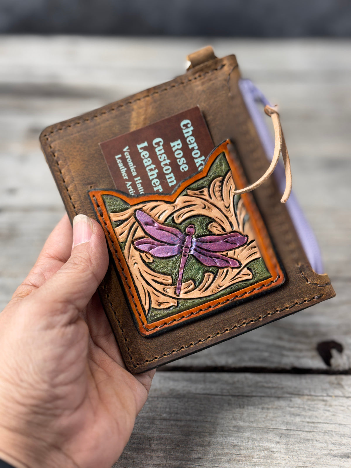 Purple Dragonfly Leather Zippered Card Wallet Wristlet – Hand Tooled Floral