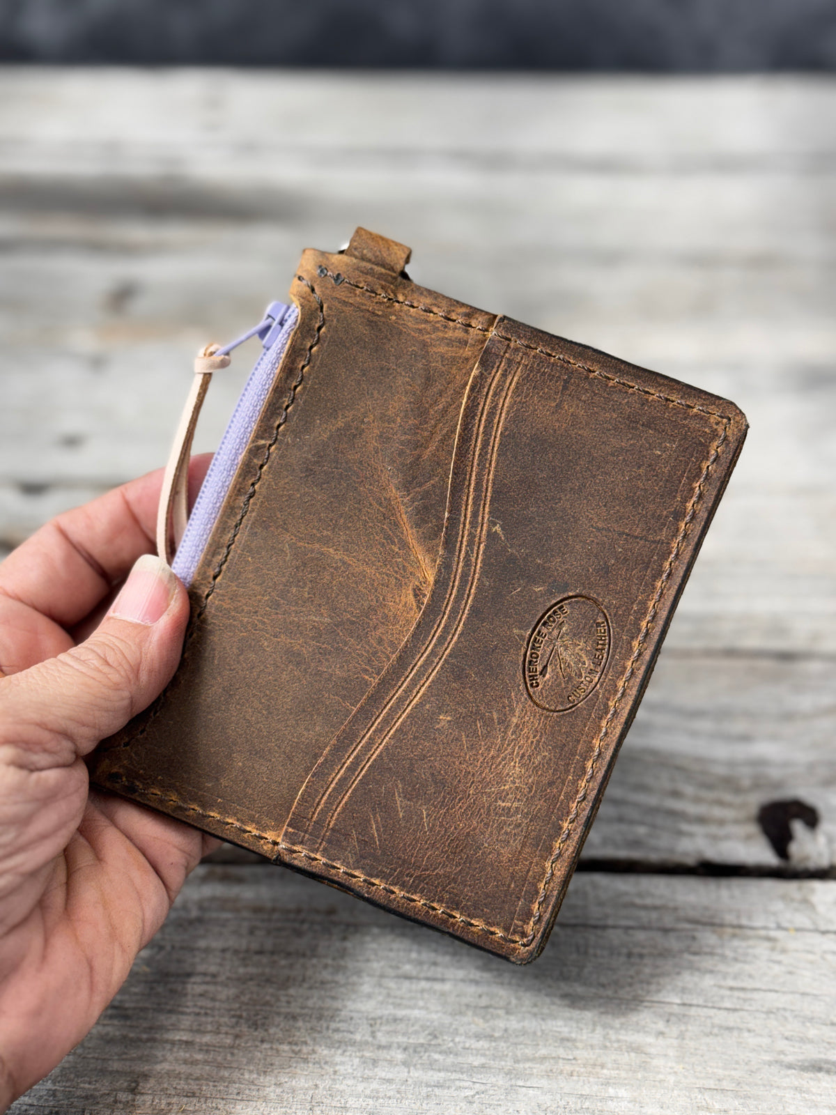 Purple Dragonfly Leather Zippered Card Wallet Wristlet – Hand Tooled Floral