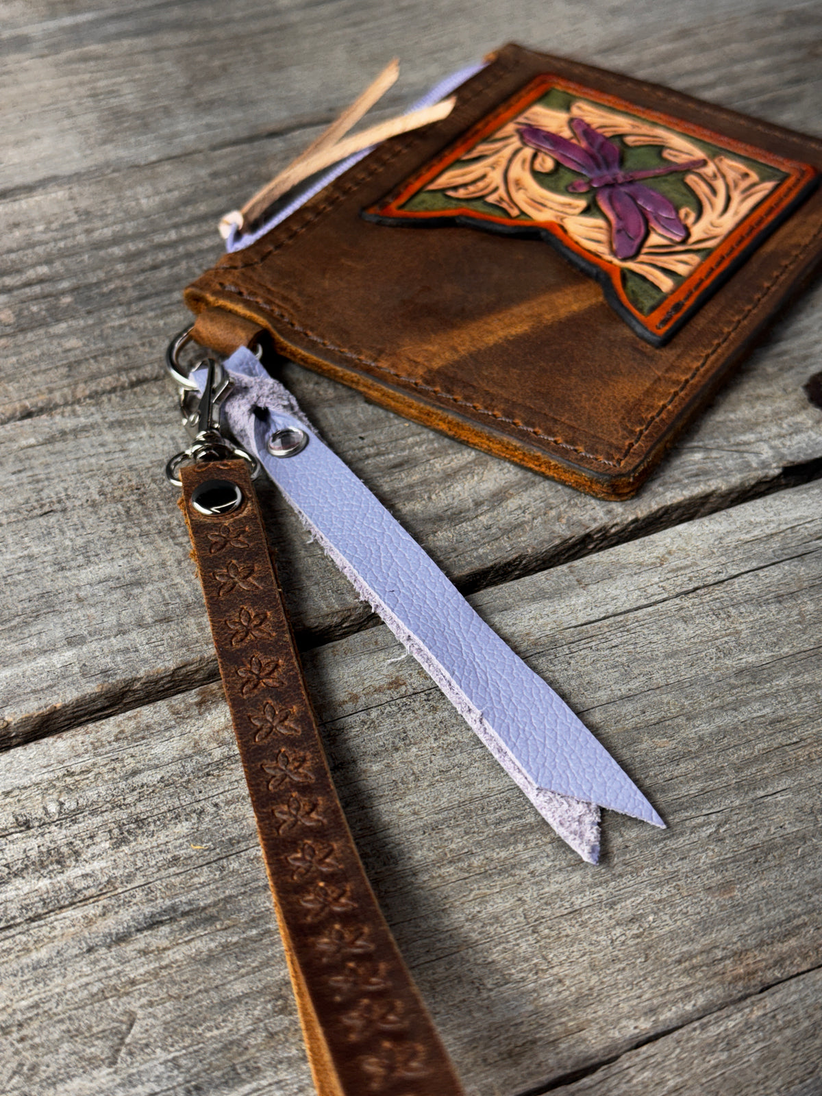 Purple Dragonfly Leather Zippered Card Wallet Wristlet – Hand Tooled Floral