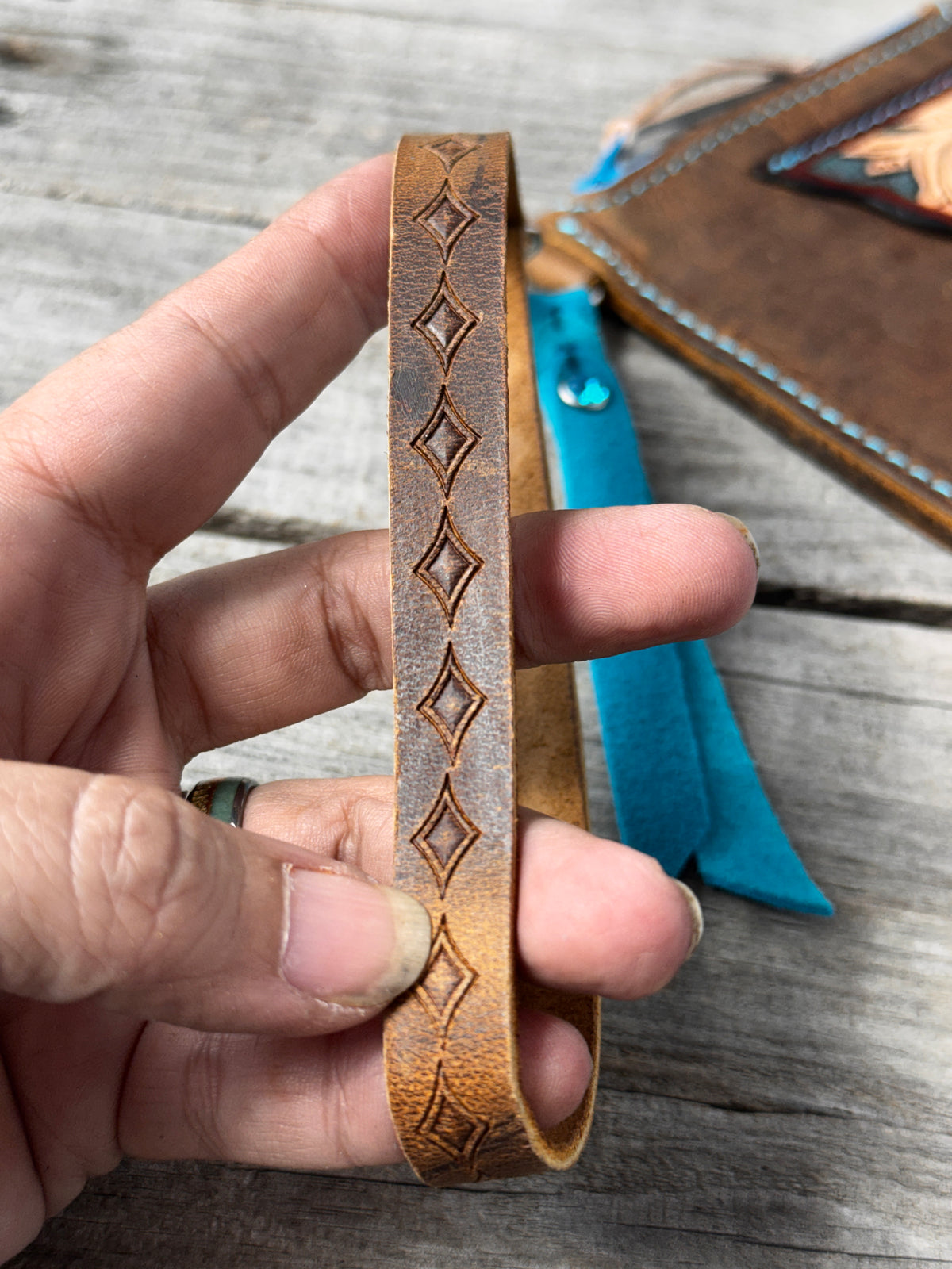 Turquoise Cross Leather Zippered Card Wallet Wristlet – Hand Tooled Western Floral