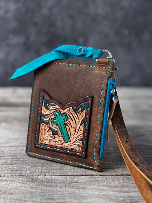 Turquoise Cross Leather Zippered Card Wallet Wristlet – Hand Tooled Western Floral