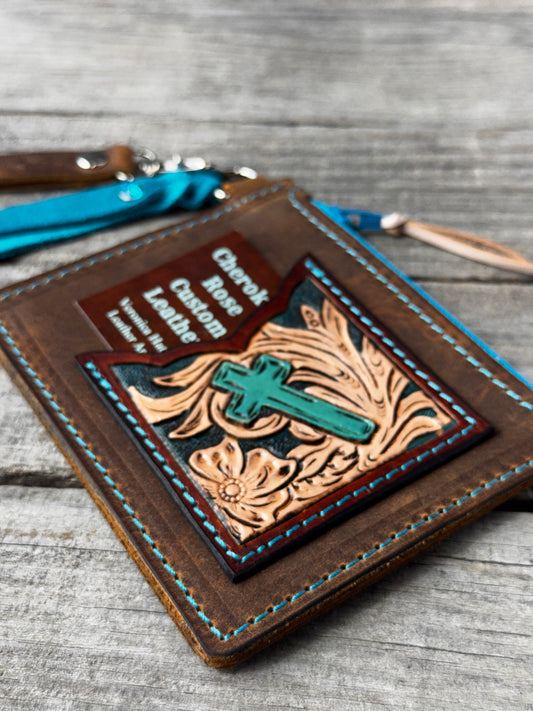 Turquoise Cross Leather Zippered Card Wallet Wristlet – Hand Tooled Western Floral