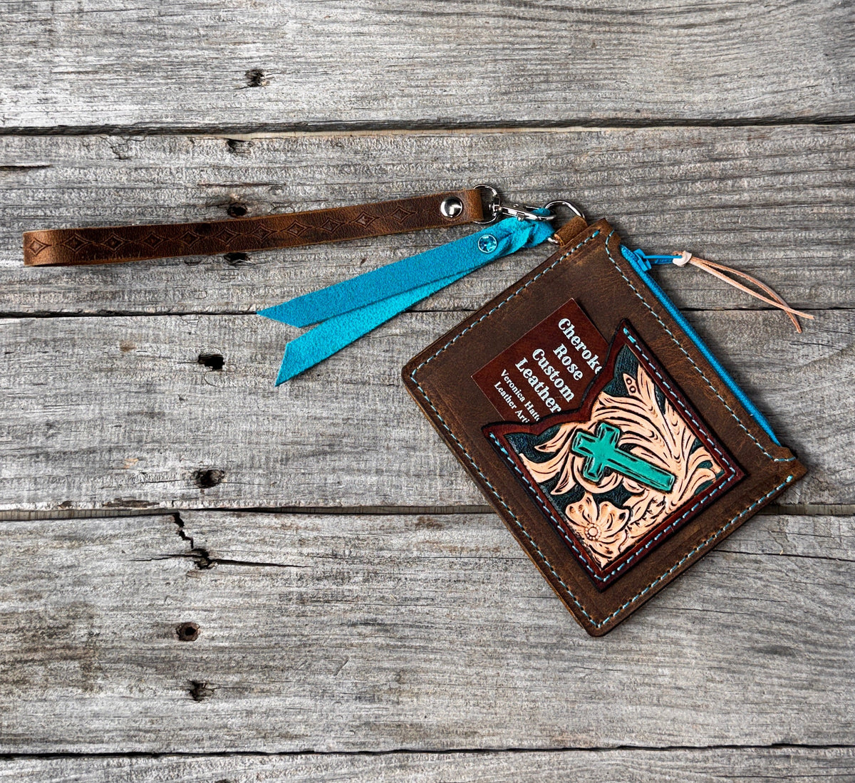 Turquoise Cross Leather Zippered Card Wallet Wristlet – Hand Tooled Western Floral