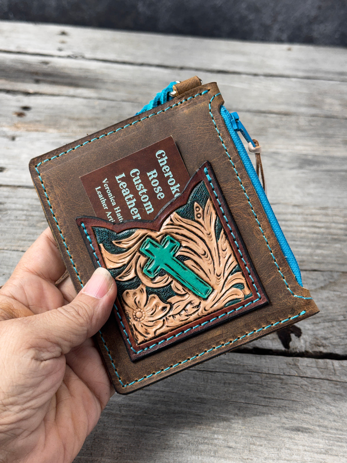 Turquoise Cross Leather Zippered Card Wallet Wristlet – Hand Tooled Western Floral
