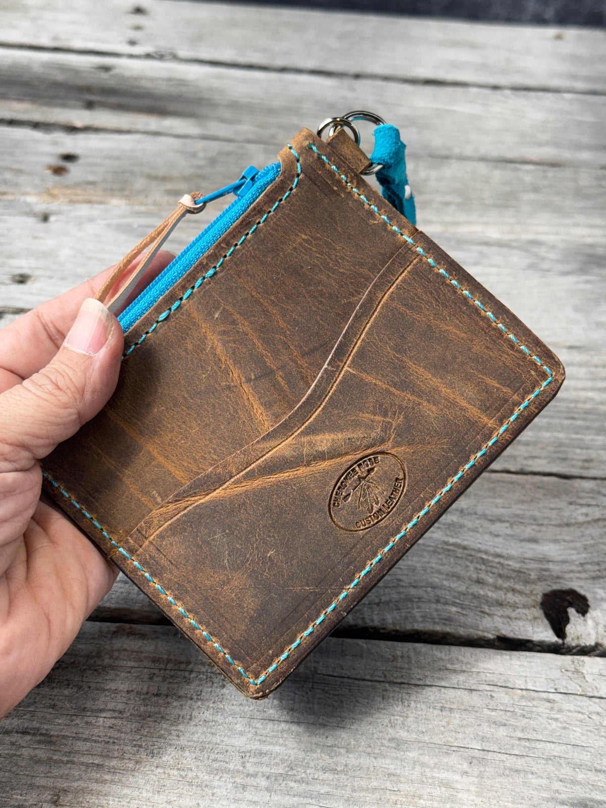 Turquoise Cross Leather Zippered Card Wallet Wristlet – Hand Tooled Western Floral