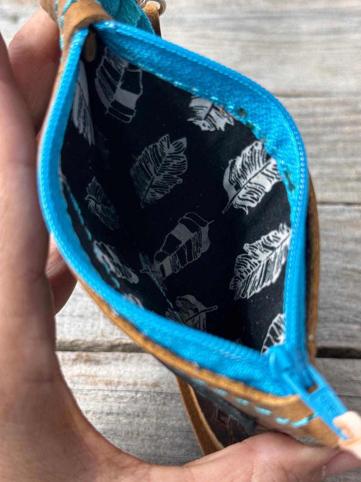 Turquoise Cross Leather Zippered Card Wallet Wristlet – Hand Tooled Western Floral