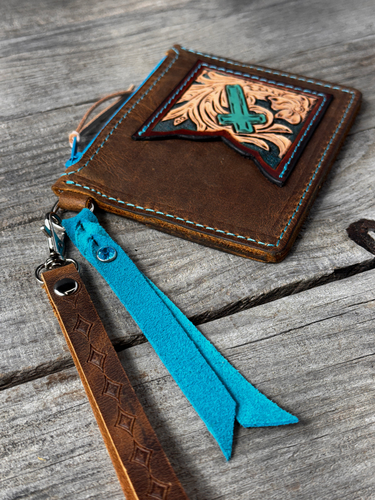 Turquoise Cross Leather Zippered Card Wallet Wristlet – Hand Tooled Western Floral