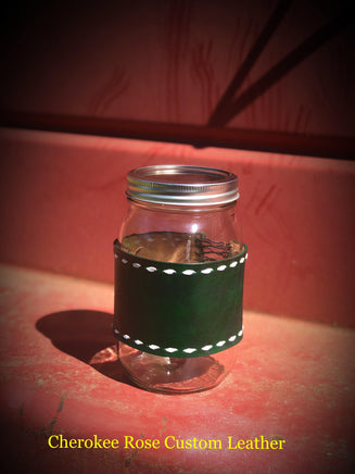 Emerald Green with White Buckstitching 32oz Mason Jar Wrap - Peyote Rose