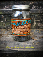 Dream Catcher Carved Leather Mason Jar Cozie - Peyote Rose