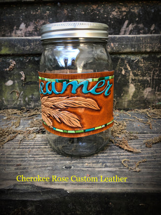 Dream Catcher Carved Leather Mason Jar Cozie - Peyote Rose