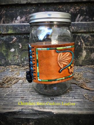 Dream Catcher Carved Leather Mason Jar Cozie - Peyote Rose