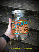 Dream Catcher Carved Leather Mason Jar Cozie - Peyote Rose