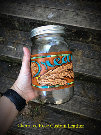 Dream Catcher Carved Leather Mason Jar Cozie - Peyote Rose