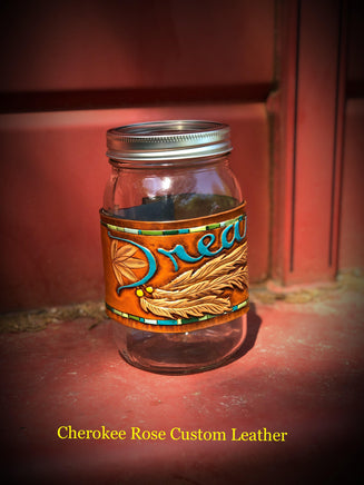 Dream Catcher Carved Leather Mason Jar Cozie - Peyote Rose