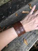 9 inch Geometric Wheat Stamped Leather Cuff - Peyote Rose