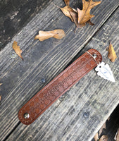 9 inch Geometric Wheat Stamped Leather Cuff - Peyote Rose