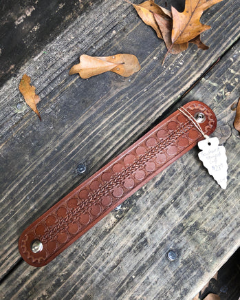 9 inch Geometric Wheat Stamped Leather Cuff - Peyote Rose