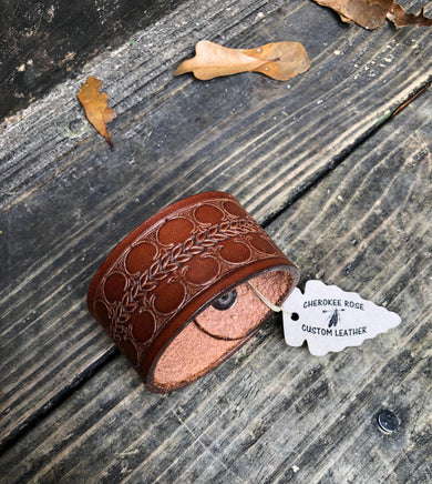 9 inch Geometric Wheat Stamped Leather Cuff - Peyote Rose