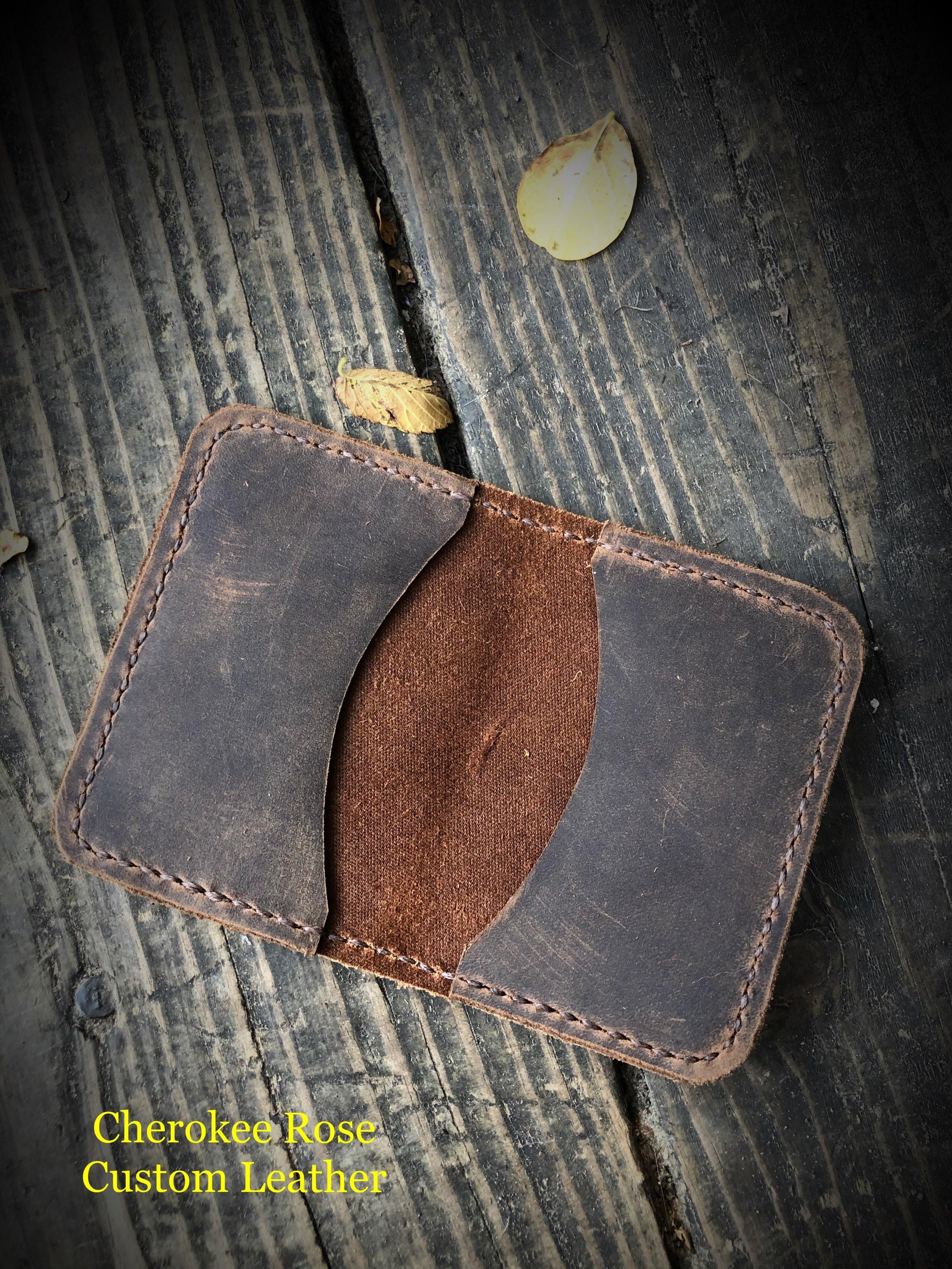 2 Tone Oil Tan Brown Leather Credit Card Wallet - Peyote Rose