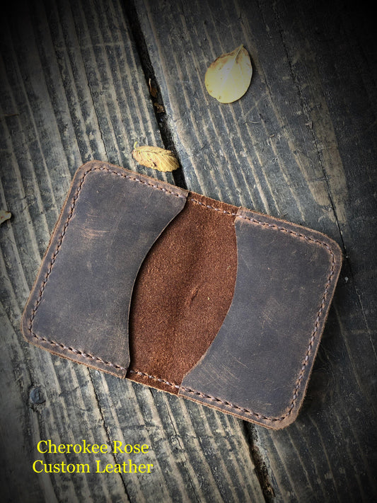 2 Tone Oil Tan Brown Leather Credit Card Wallet - Peyote Rose