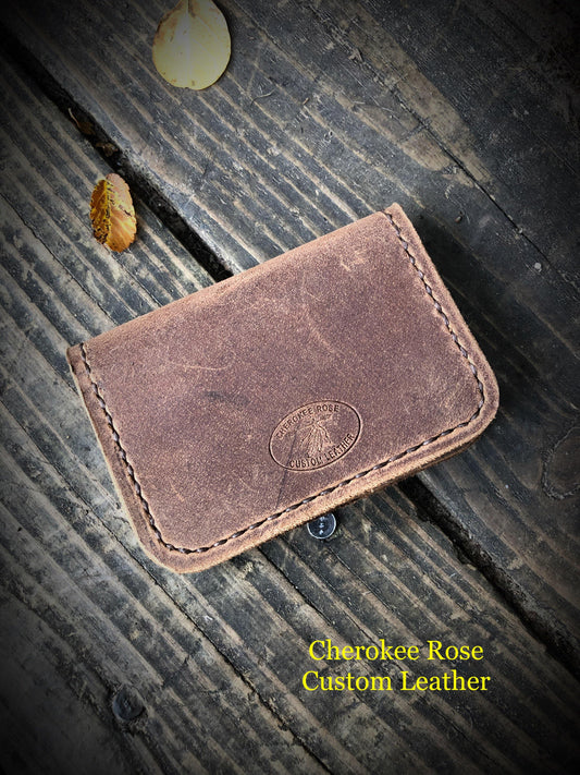 2 Tone Oil Tan Brown Leather Credit Card Wallet - Peyote Rose