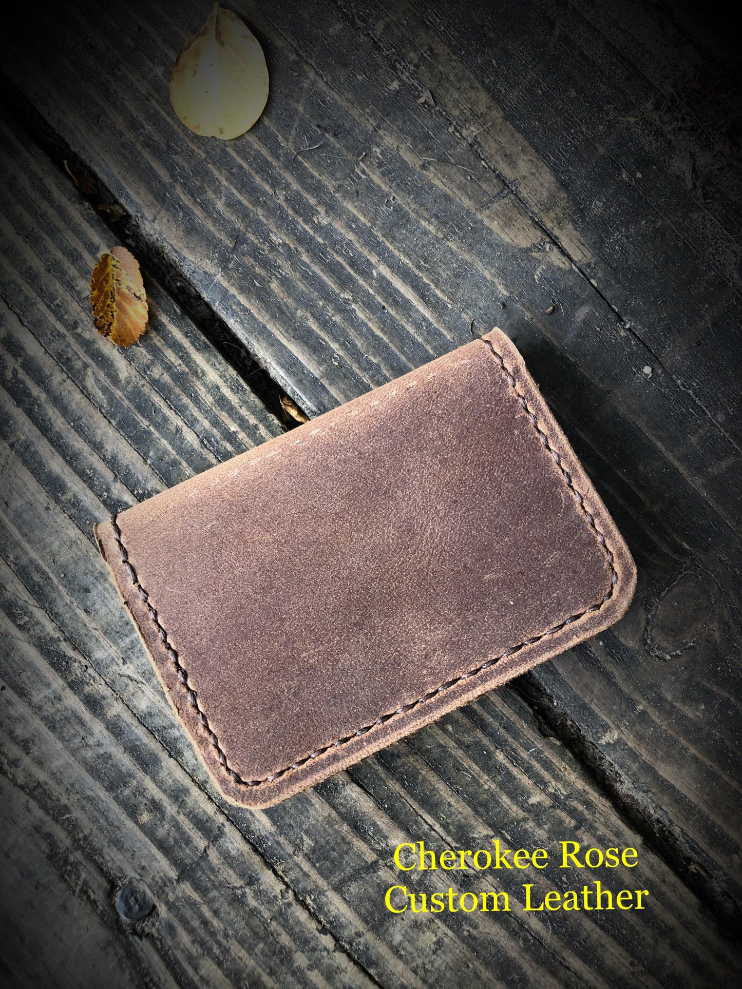 2 Tone Oil Tan Brown Leather Credit Card Wallet - Peyote Rose