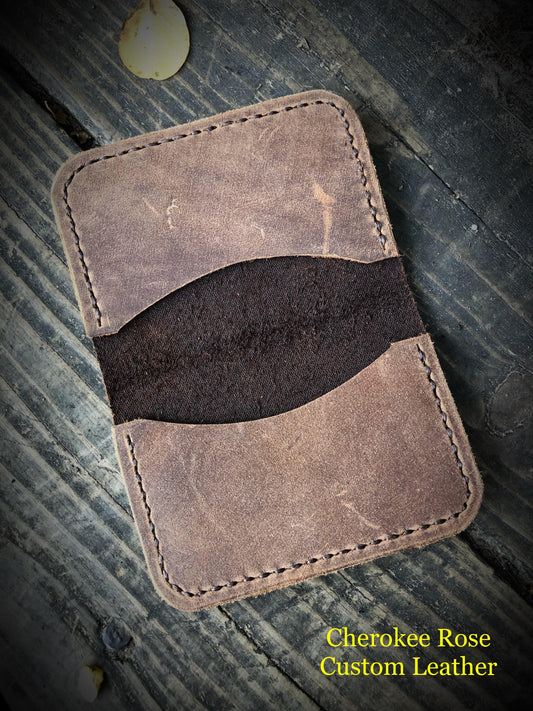 Minimalist Leather Card Wallet w/Brown Stitching - Peyote Rose