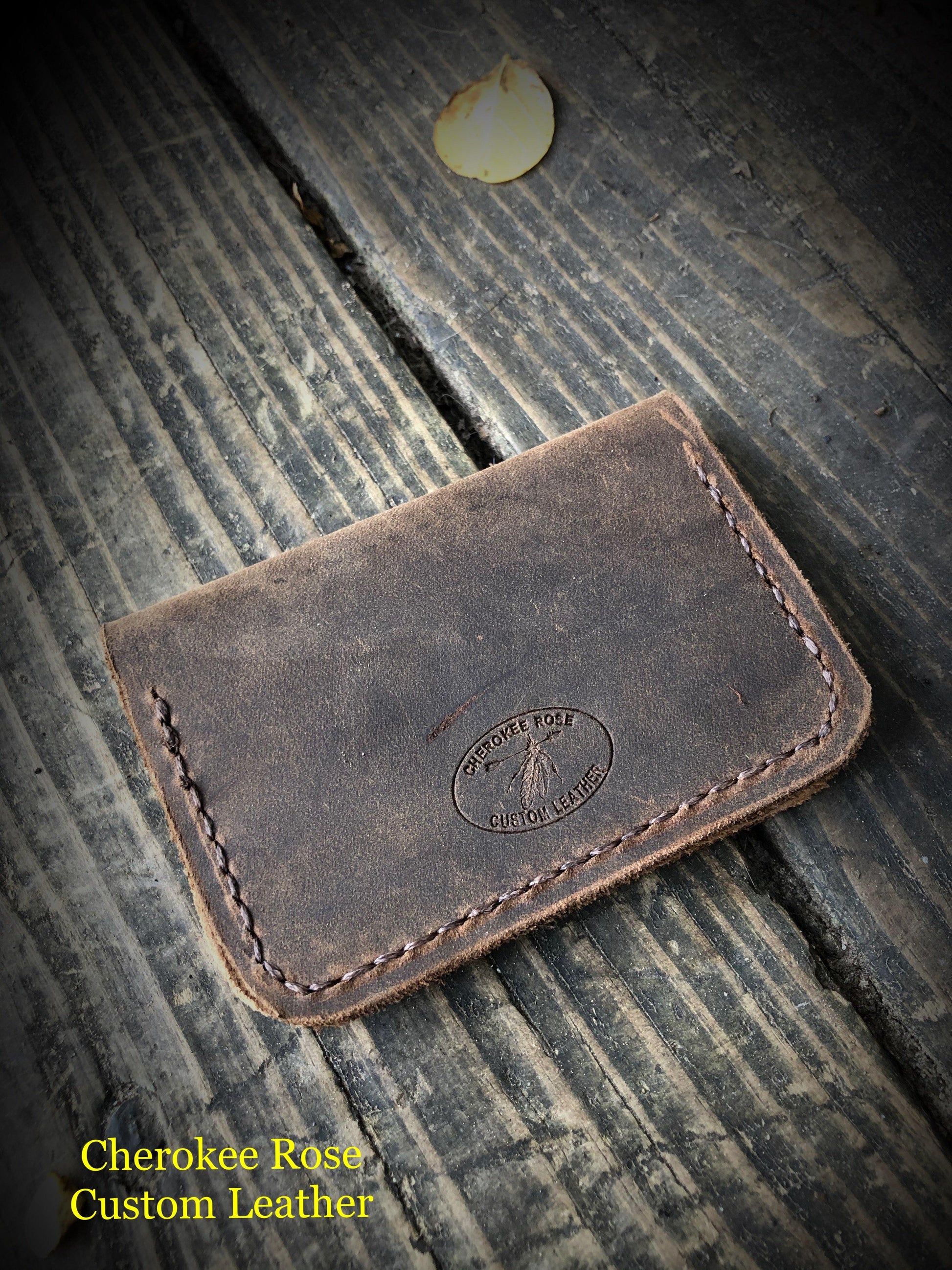 Minimalist Leather Card Wallet w/Brown Stitching - Peyote Rose