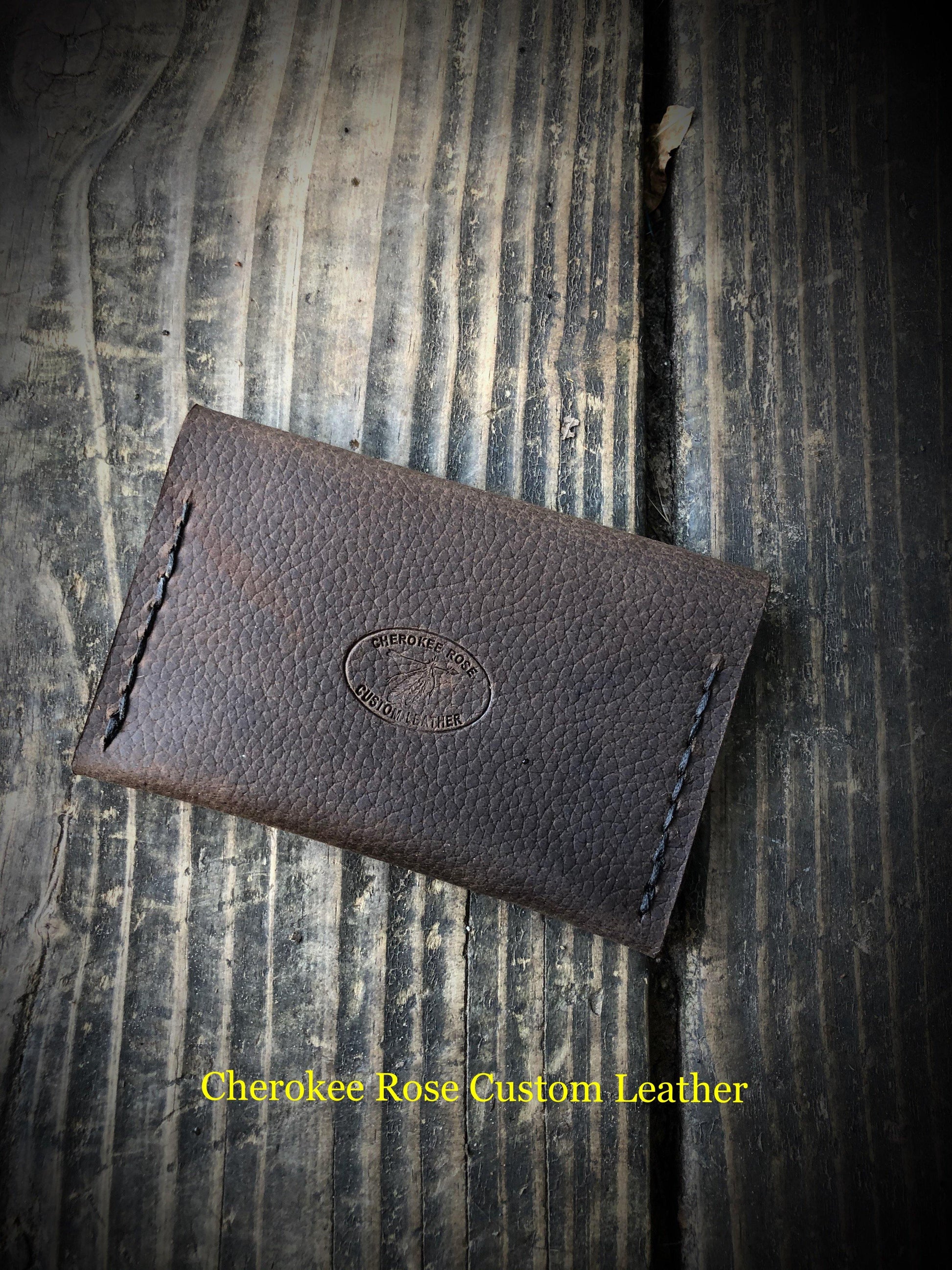 Dark Brown Natural Edge Leather Card Wallet - Peyote Rose