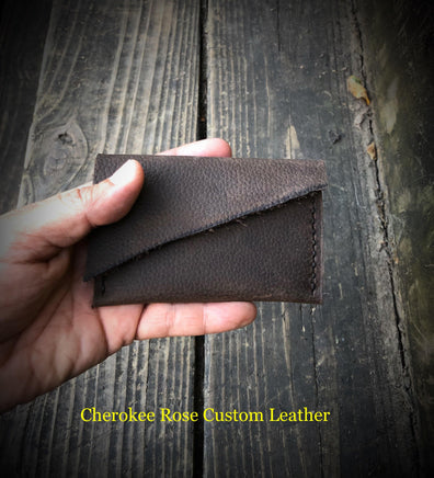 Dark Brown Natural Edge Leather Card Wallet - Peyote Rose