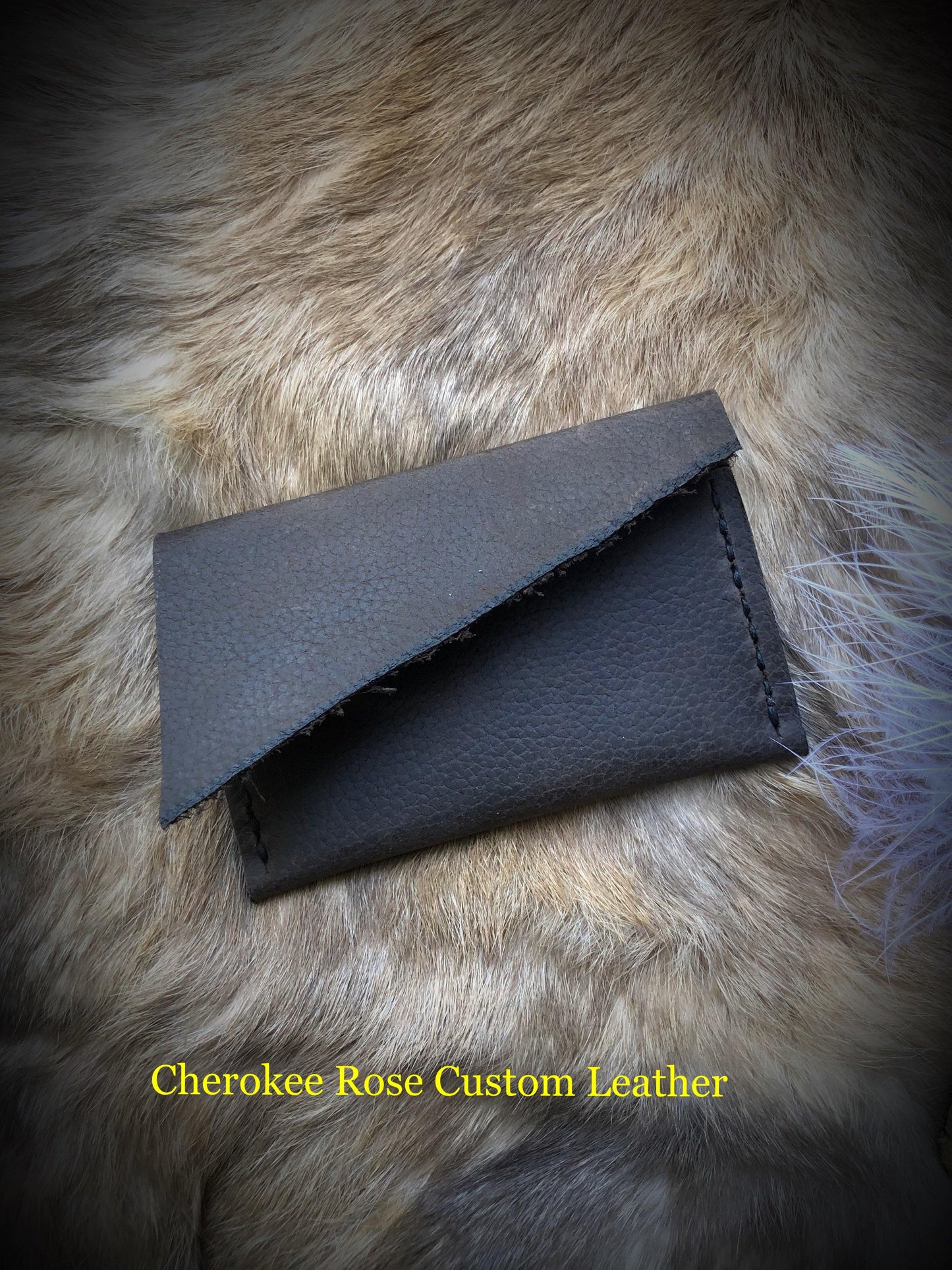 Dark Brown Natural Edge Leather Card Wallet - Peyote Rose