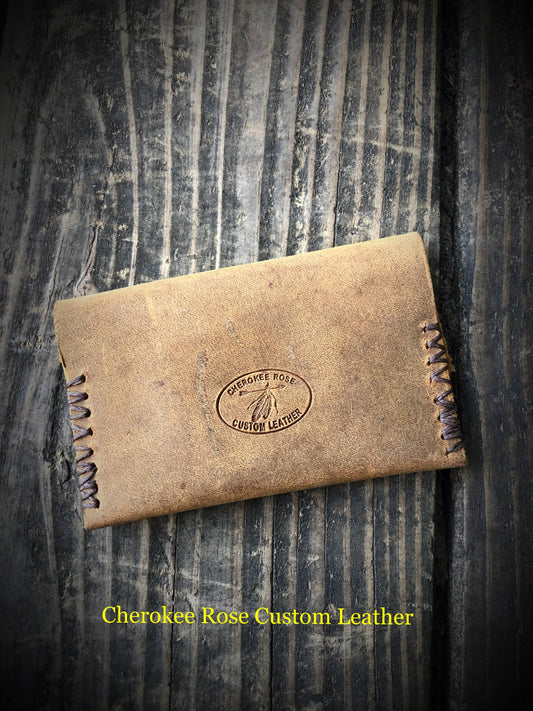 Natural Edge Primitive Rustic Leather Card Wallet - Peyote Rose