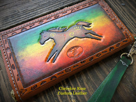 One of a Kind Handpainted Clutch Wallet Zuni Bear & War Pony - Peyote Rose