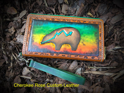 One of a Kind Handpainted Clutch Wallet Zuni Bear & War Pony - Peyote Rose