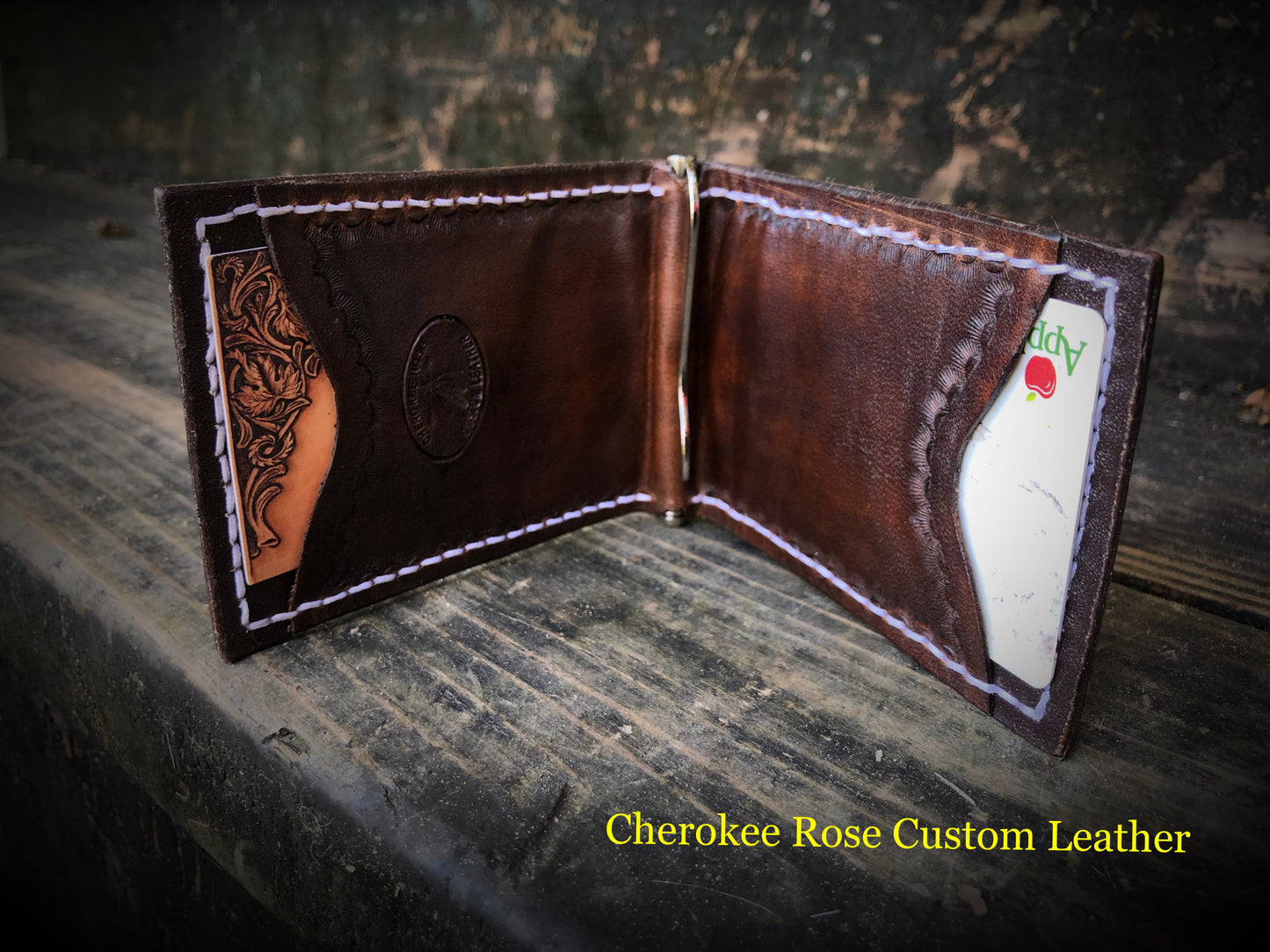 Custom Tooled Leather Money Clip Wallet with Interior Pockets