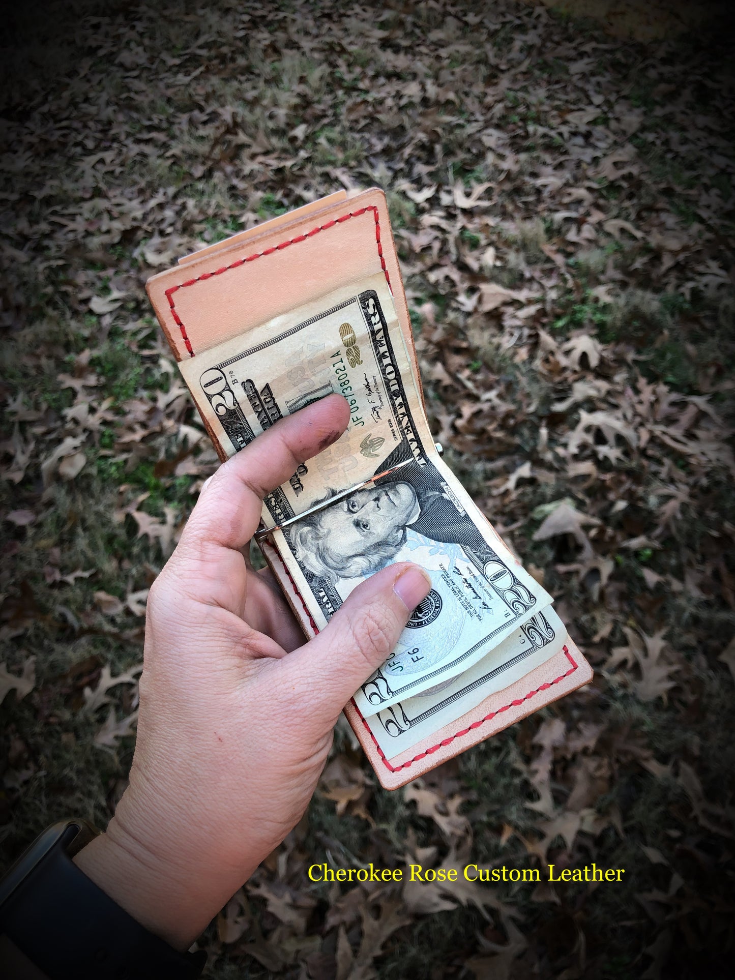 Custom Tooled Leather Money Clip Wallet with Interior Pockets